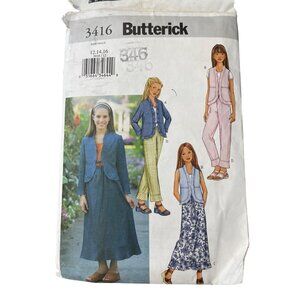 Y2K Butterick 3416 Girls Jacket Vest Skirt Pant Sewing Pattern Sizes 12-16 UNCUT